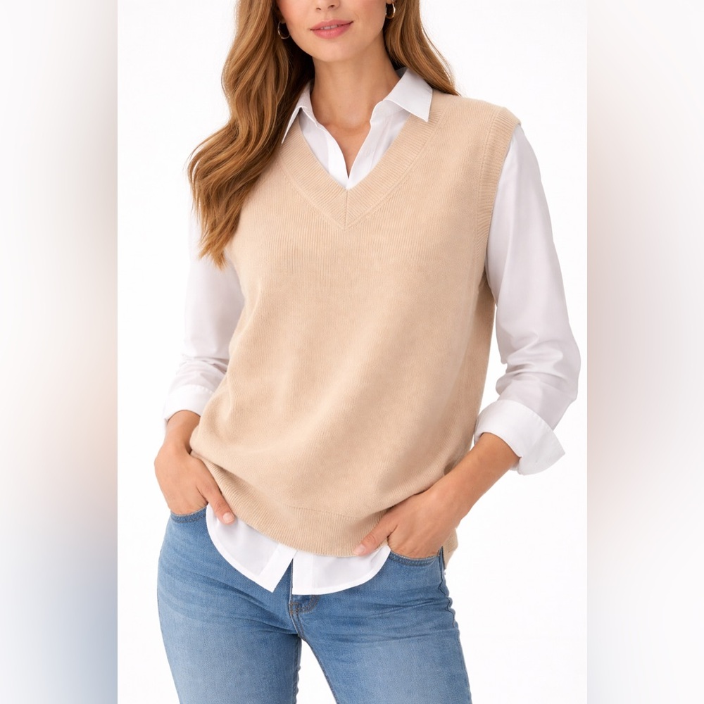 H&M Beige Knit Sweater Vest | Size Medium | Classic Layering Piece